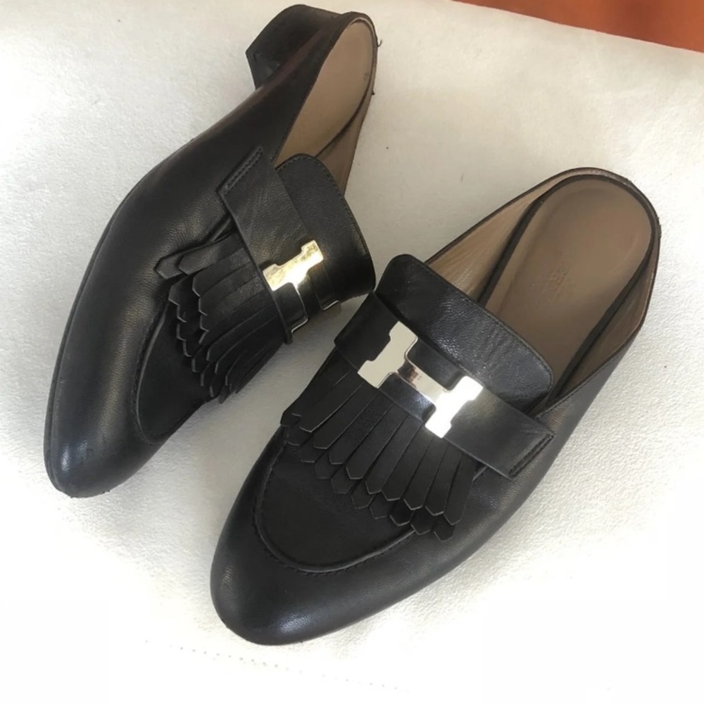 Hermes 36 6 US Rivoli Mules Black Fringe Silver H